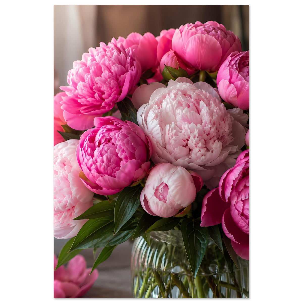 Blumenposter mit Pfingstrosen in Rosa und Weiß, Glasvase angeschnitten, vertikal