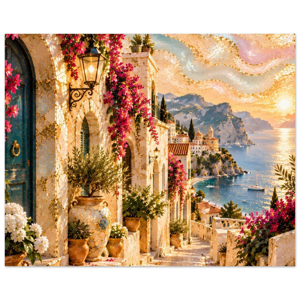 Querformat-Wandposter mit mediterraner Arkade, Blumen, Laternen, Wasser und Hügeln im Abendlicht