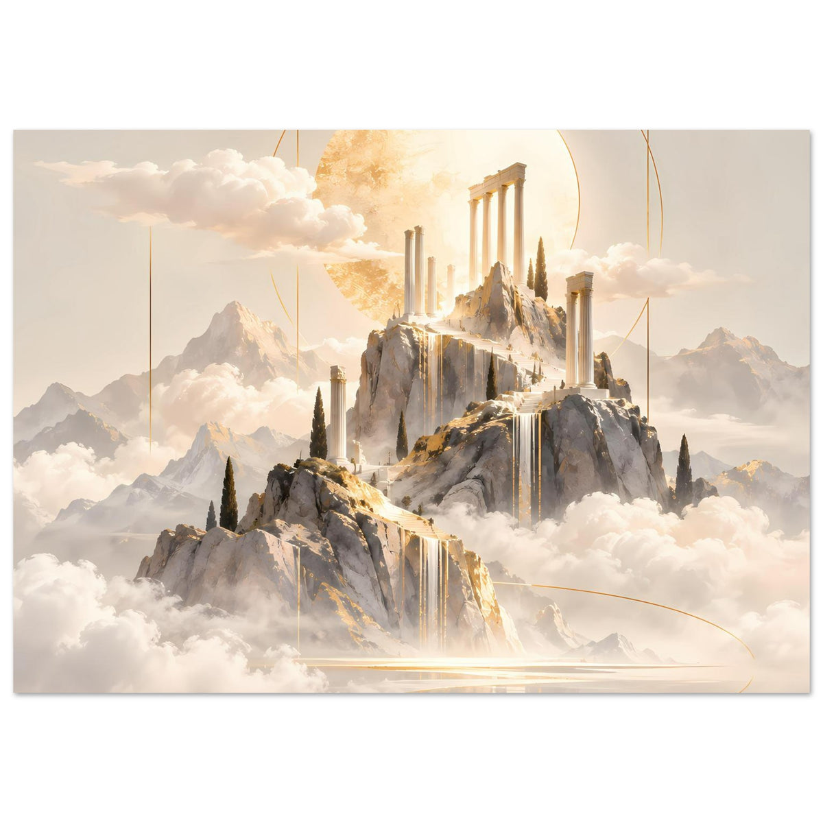 Horizontales Poster mit goldenem Tempelmotiv, Berglandschaft, Sonnenkreis und leuchtenden Säulen