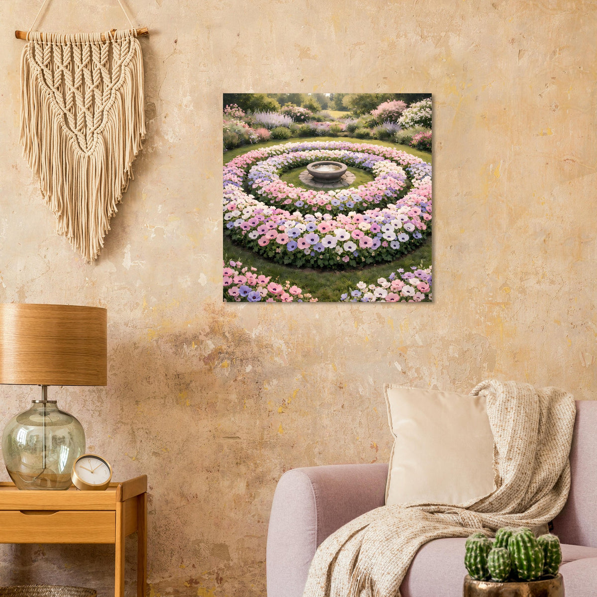 Quadratisches Wandbild mit runden Blumenbeeten in Pastellrosa und Flieder, zentraler Brunnen