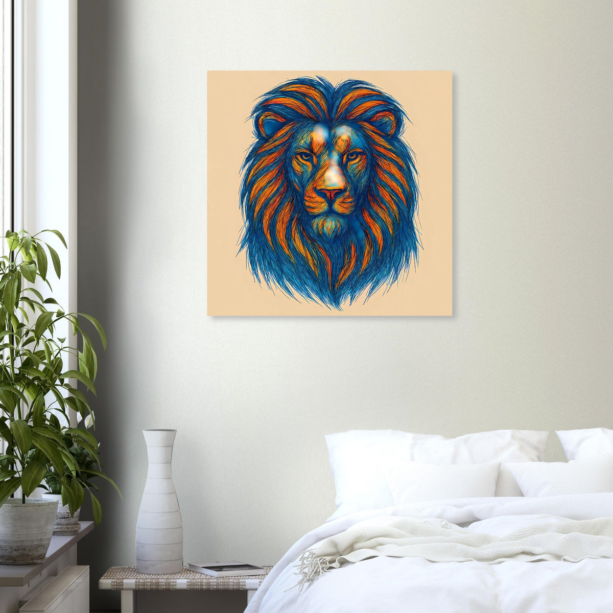 Gerahmtes Löwenporträt-Poster mit blau-oranger Illustration auf beigem Feld