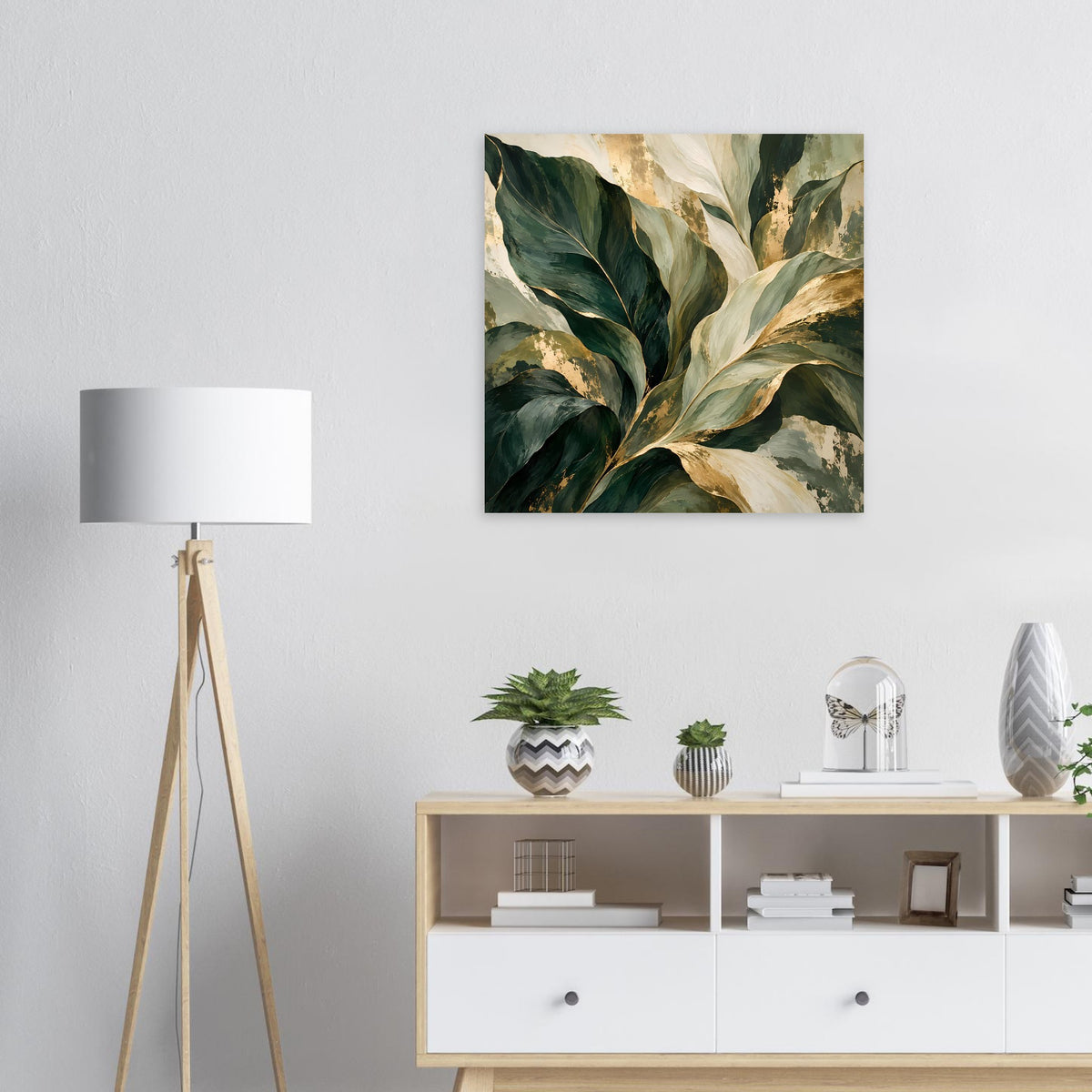 Quadratisches Botanik-Poster mit grünen Blättern und goldenen Akzenten
