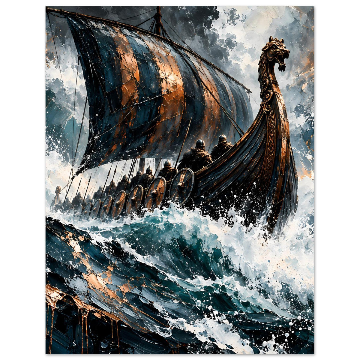 Poster im Hochformat mit Langschiff, Segel im Wind, Drachenkopf vorn, Wolken und Spritzer