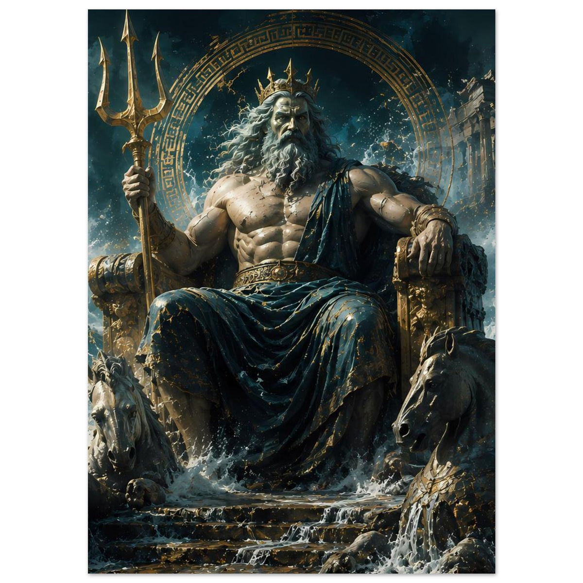 Poster mit Poseidon-Statue auf Thron, Mantel in Dunkelblau, Wellen am Sockel