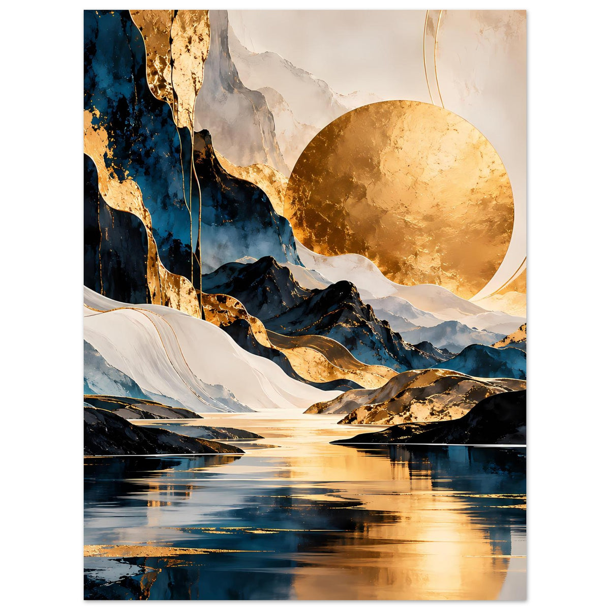 Abstraktes Kunstposter mit Wasserspiegelung, goldener Sonne, dunklen Bergen und weißen Strukturen