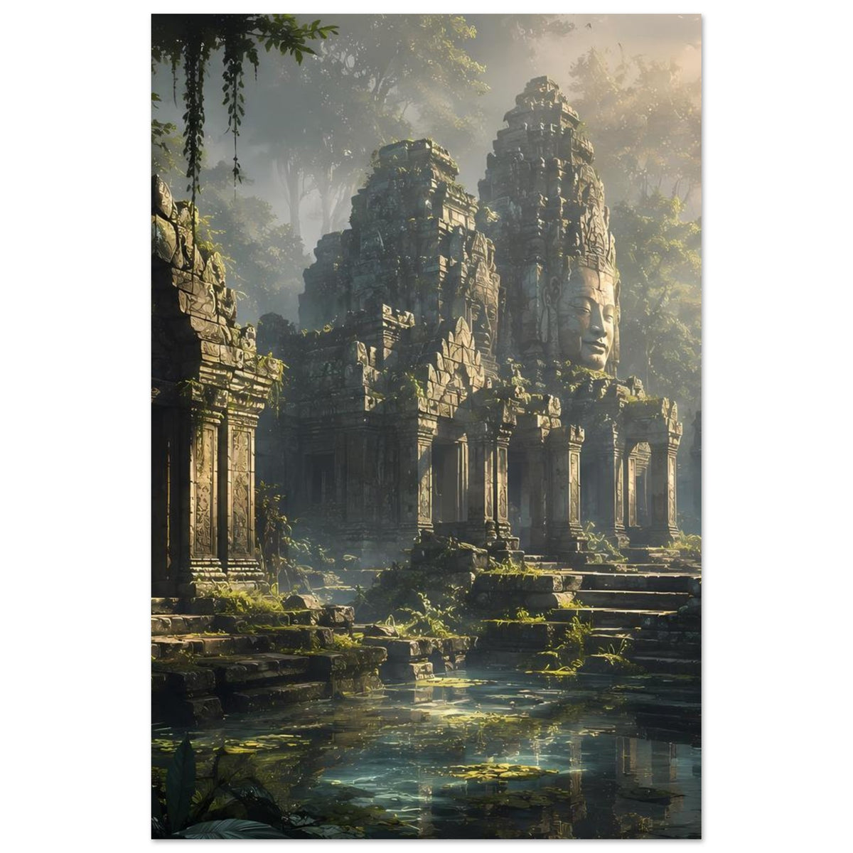 Poster mit mystischen Tempelruinen: verfallene Säulen, überwachsene Stufen und reflektierendes Wasser