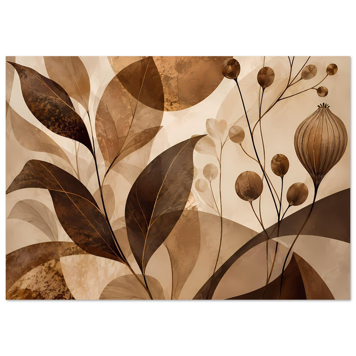 Blumenposter mit üppigem Blattwerk, feinen Stielen und Samenkapseln in Braun-Beige