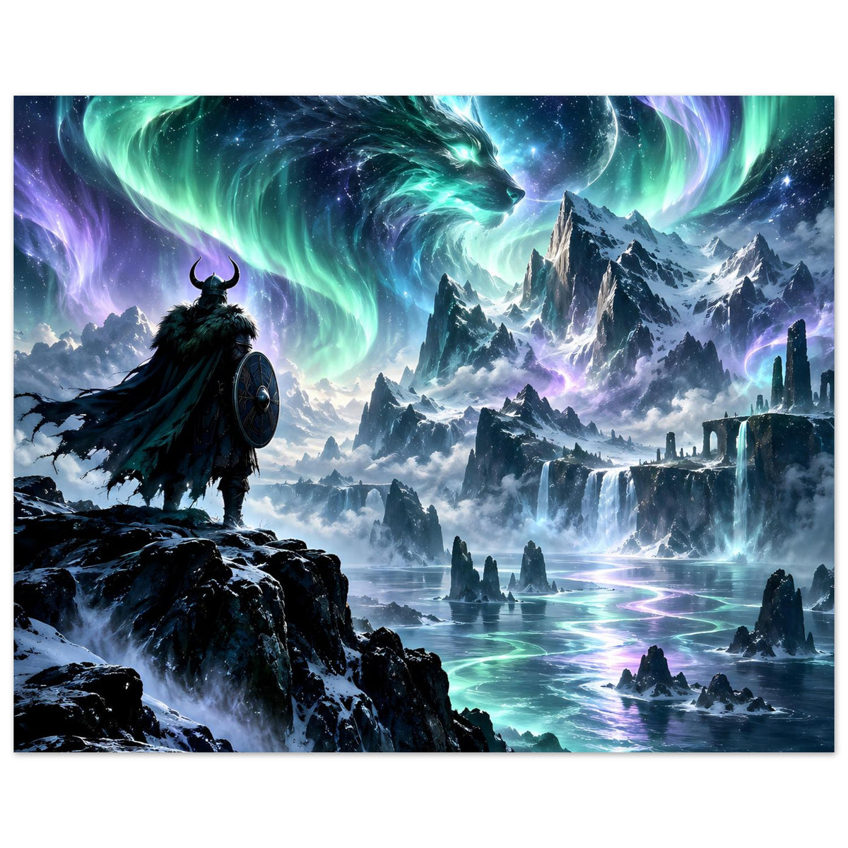 Fantasy-Poster mit Nordkrieger im Umhang auf Vordergrundfelsen und leuchtendem Polarlichtdrachen