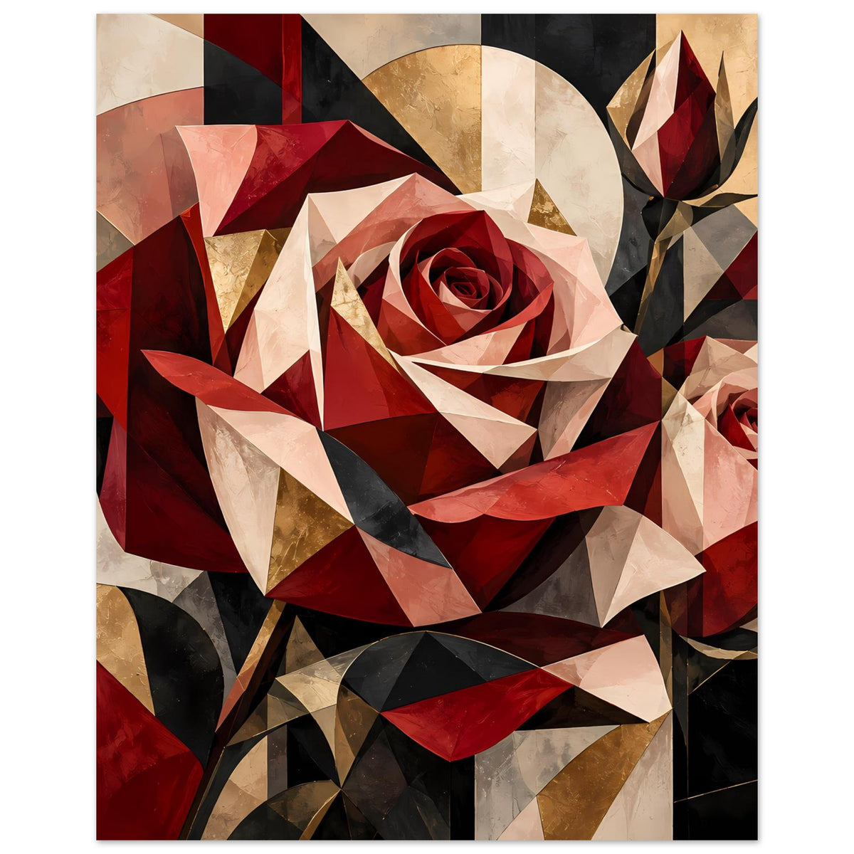 Blumenposter mit geometrischer Rot-Gold-Rose, links rote Flächen, rechts kleinere Rose