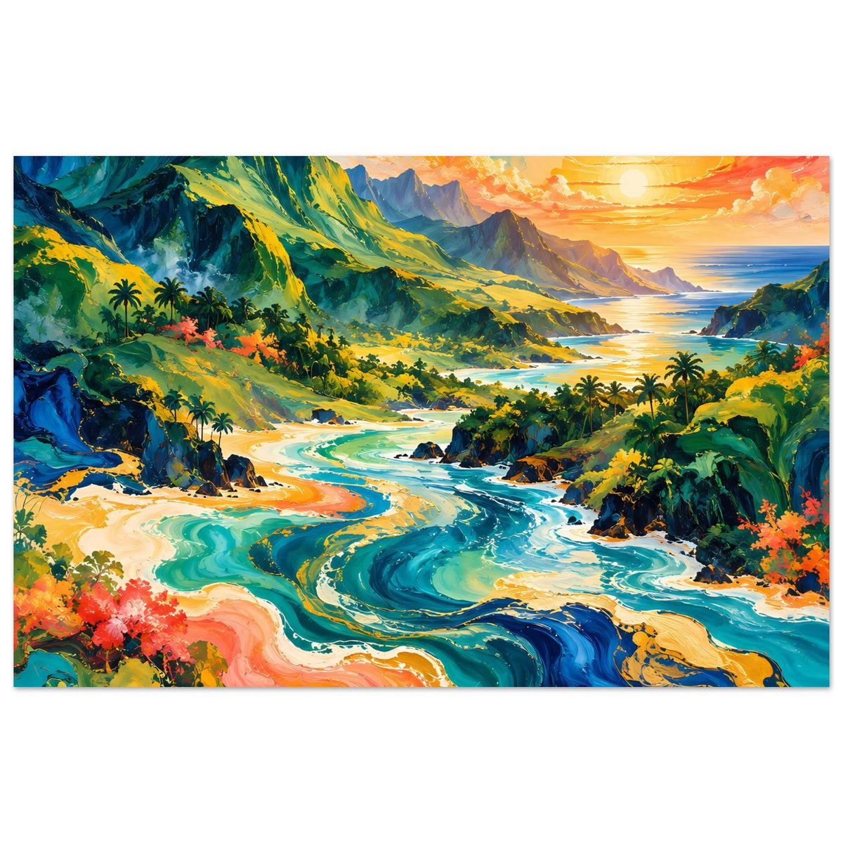 Posterdruck Querformat: lebendige Tropenküste mit gewundenem Fluss und Palmen