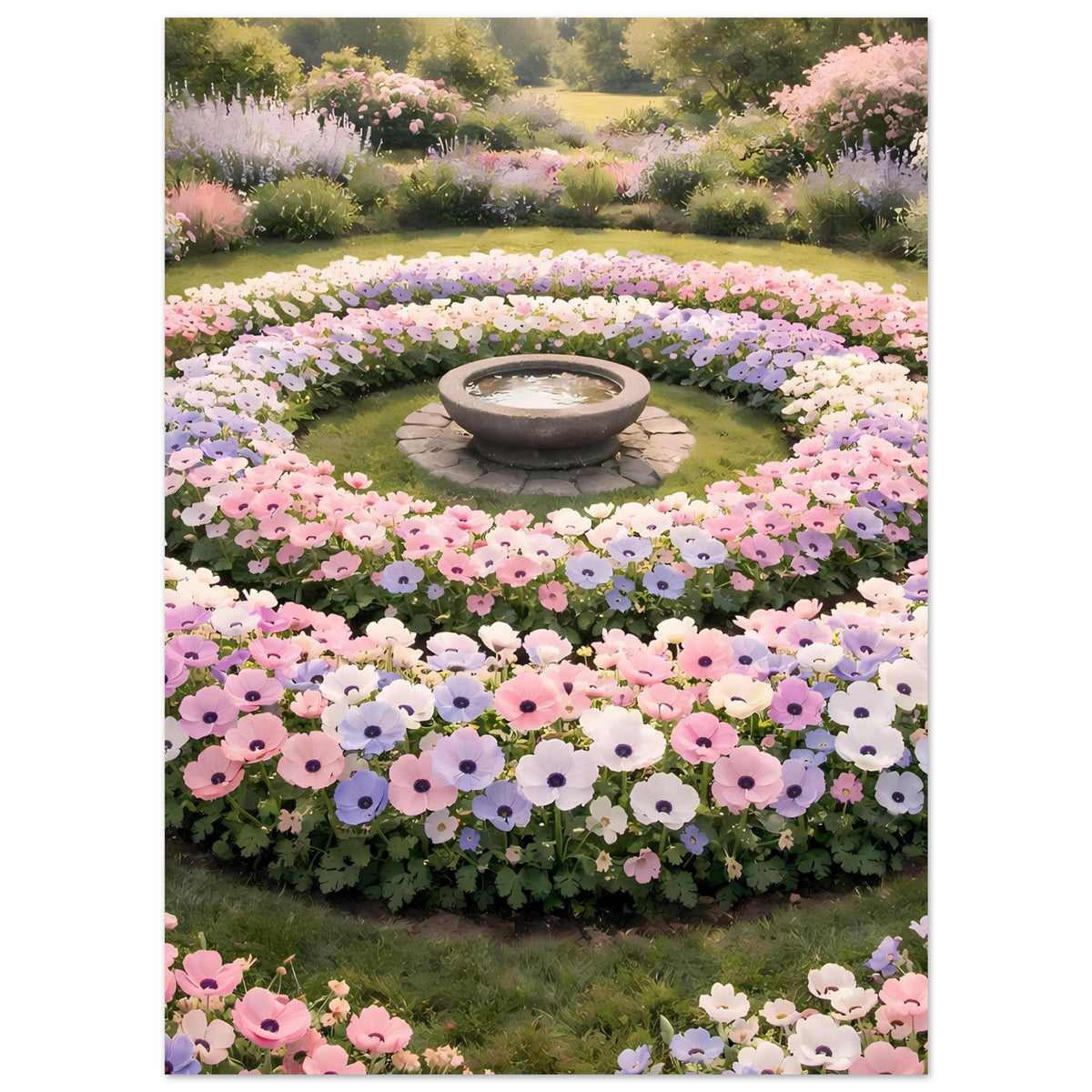 Vertikales Poster mit rundem Blumenbeet aus rosa, lila und weißen Blüten, Schale