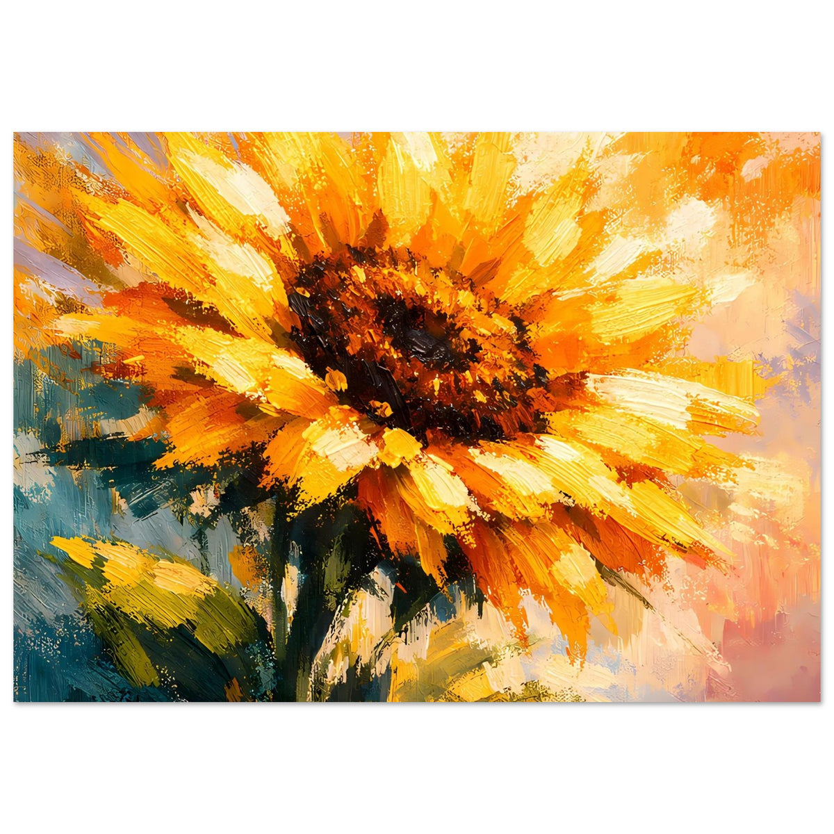 Horizontales Sonnenblumenposter mit breiten Pinselstrichen, orange-gelbe Blütenblätter