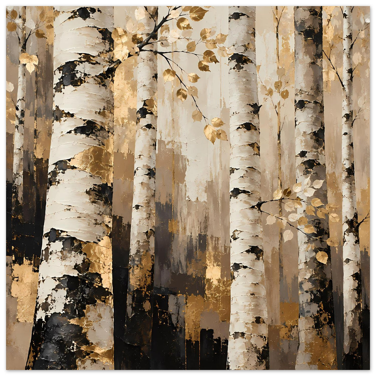 Naturposter Birkenwald mit goldenen Blattzweigen zwischen Birkenstämmen, warmes Erdtongemisch