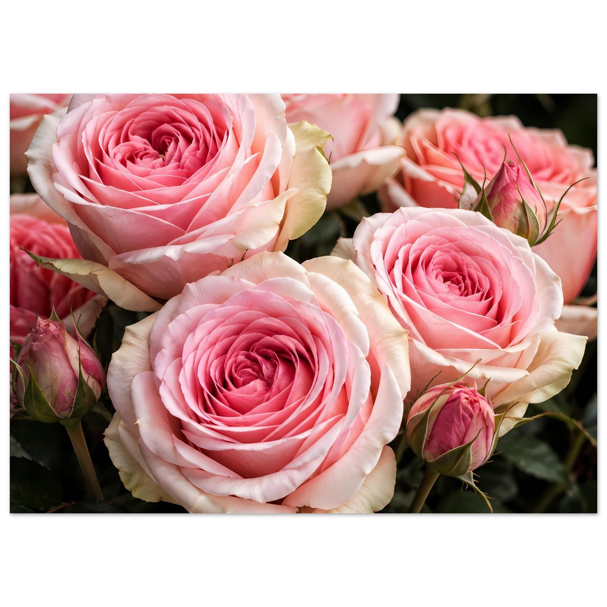 Wandposter im Querformat mit drei rosa Rosenblüten und Knospen