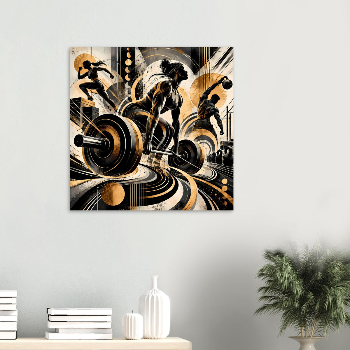 Fitness-Actionposter, kleines quadratisches Motiv mit drei Figuren und Hantelscheiben in Gold/Schwarz