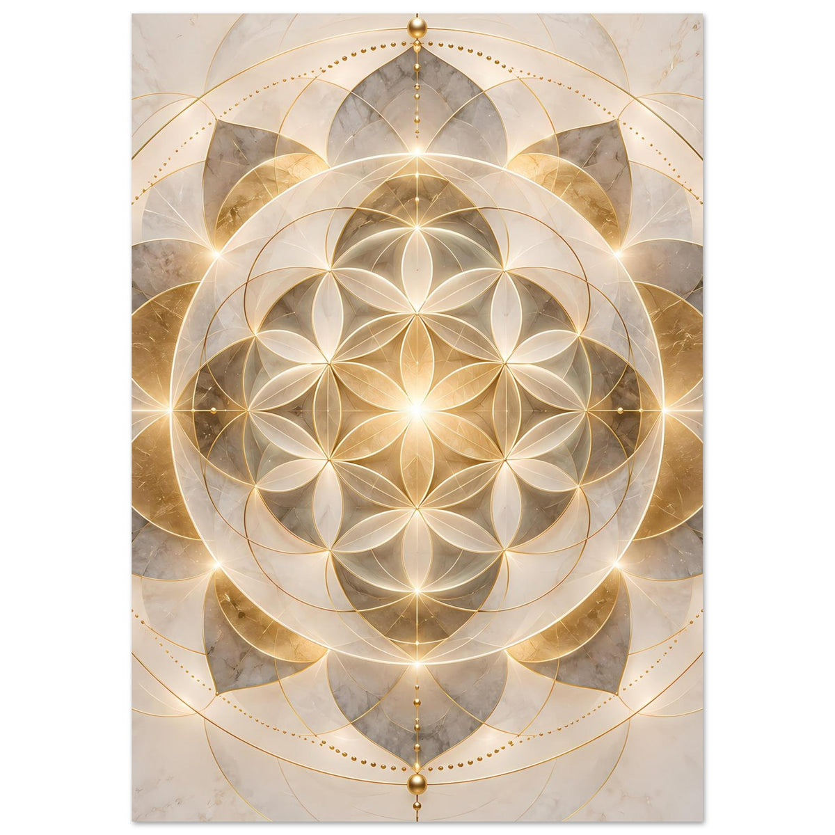 Goldenes Mandala-Poster mit großem Kreisblütenmuster, goldenen Linien und Relief-Optik