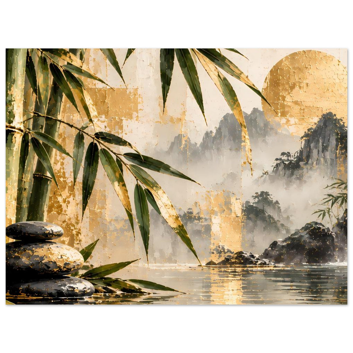 Poster mit Bambus in Dunkelgrün, goldene Flächen und Nebel-Wasserfall; Steine am linken Rand