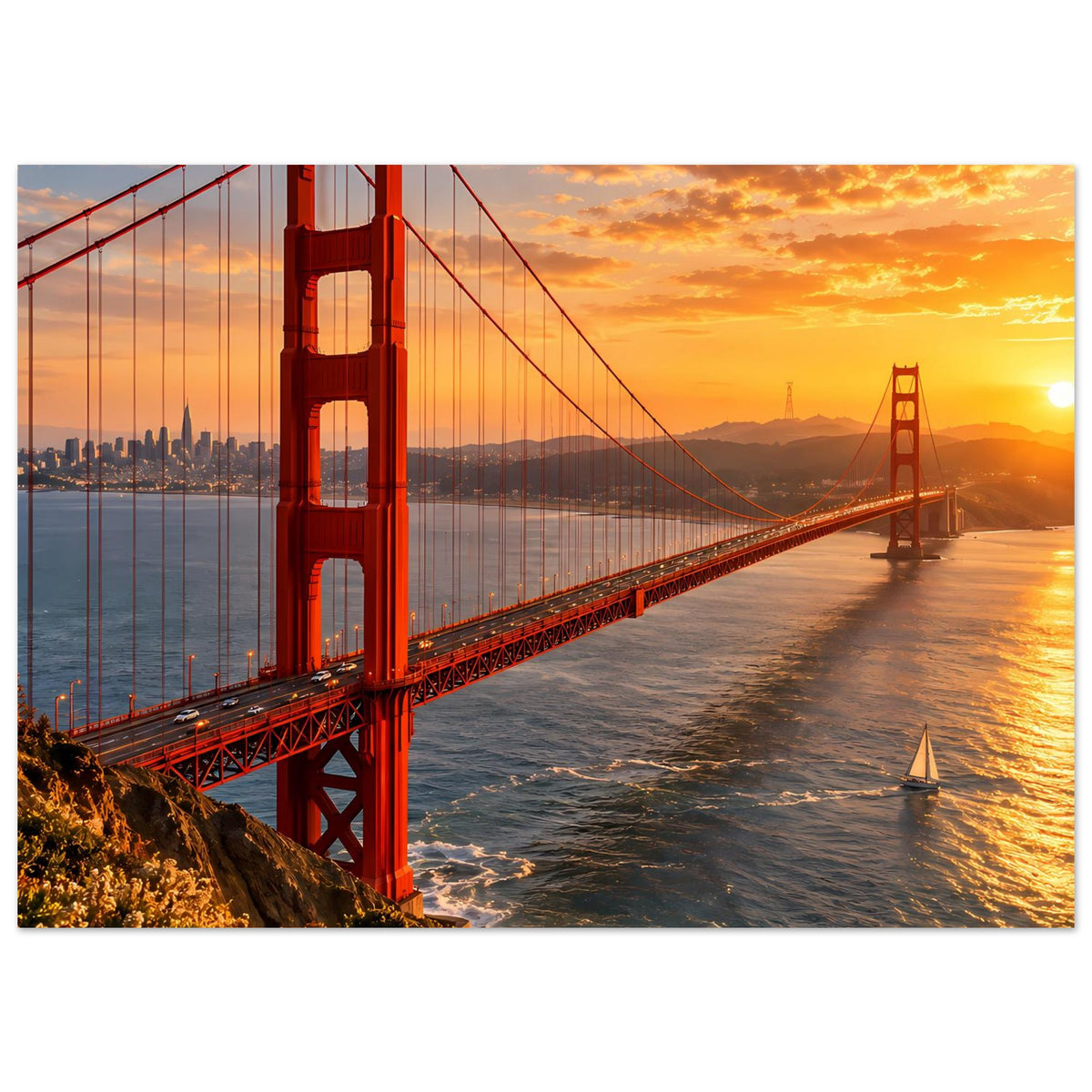 Horizontales Poster mit roter Hängebrücke und Sonnenuntergang, Wasserlinie rechts