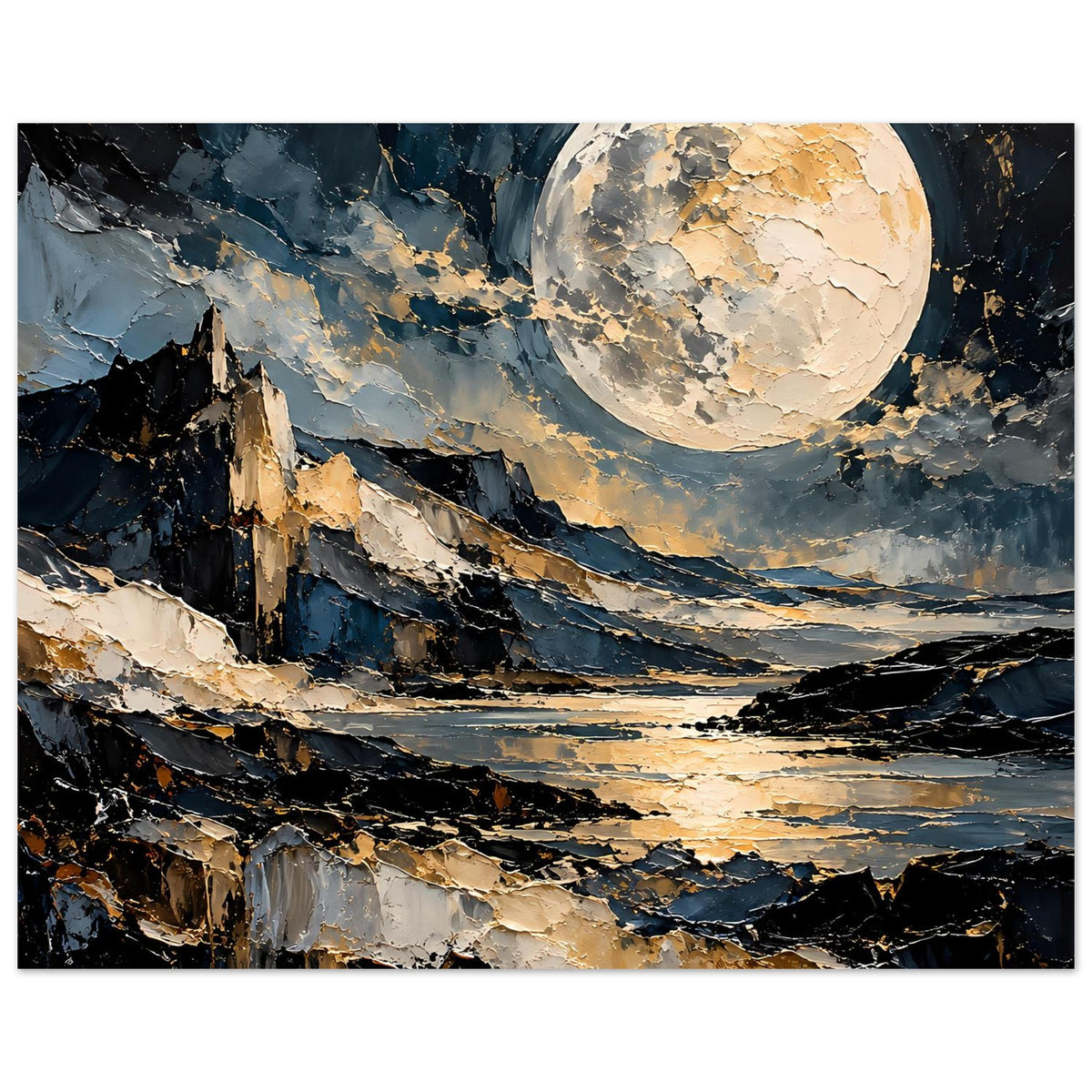 Poster mit Vollmond über Berglandschaft und Wasserlinie, strukturierter Ölgemälde-Look.