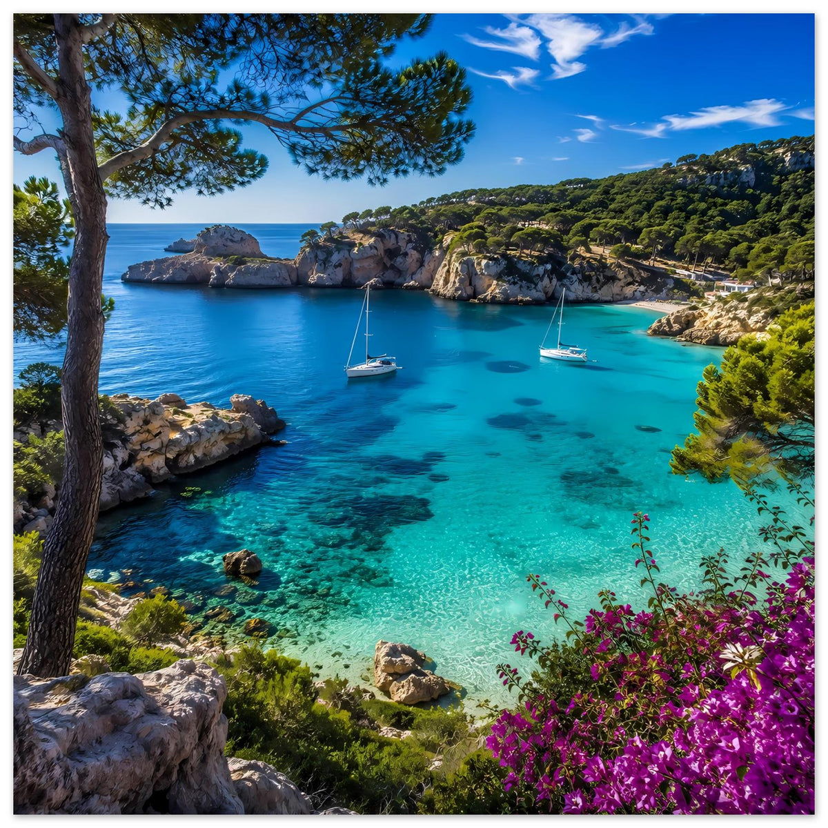 Mediterranes Küstenposter im Hochformat: türkisfarbenes Wasser, Felsbuchten, Segelboote