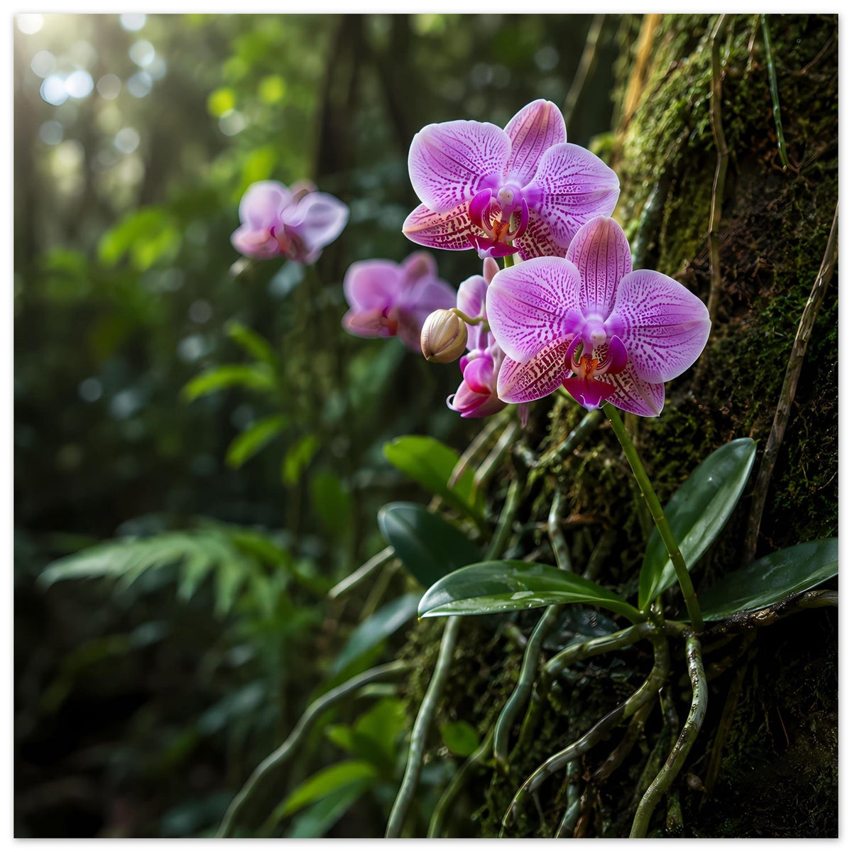 Orchideen-Botanikposter: drei pinkfarbene Orchideenblüten und moosige Rindenpartie