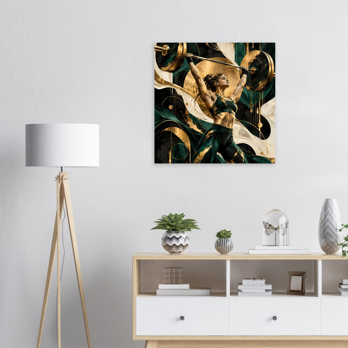 Quadratisches Kunstposter mit Frau beim Heben einer Langhantel in Gold und Dunkelgrün.