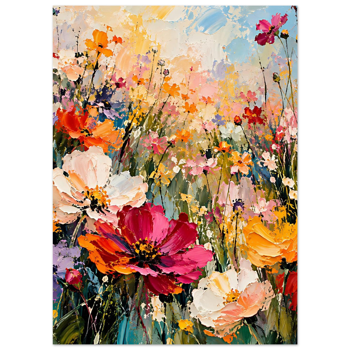 Blumenposter im Hochformat mit kräftigen Blüten in Orange, Fuchsia und Gelb