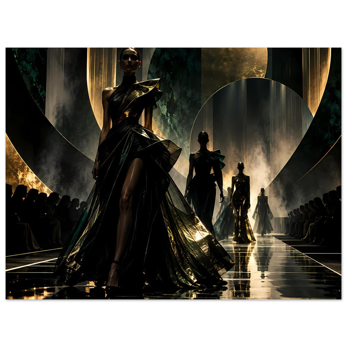 Poster mit großem Mode-Model im schwarzen Kleid und gold schimmerndem Saum, weitere Silhouetten