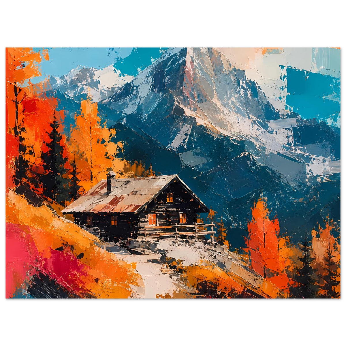 Wandposter mit Alpenhütte im Tal, große Bergmassive im Hintergrund, Herbstfarben