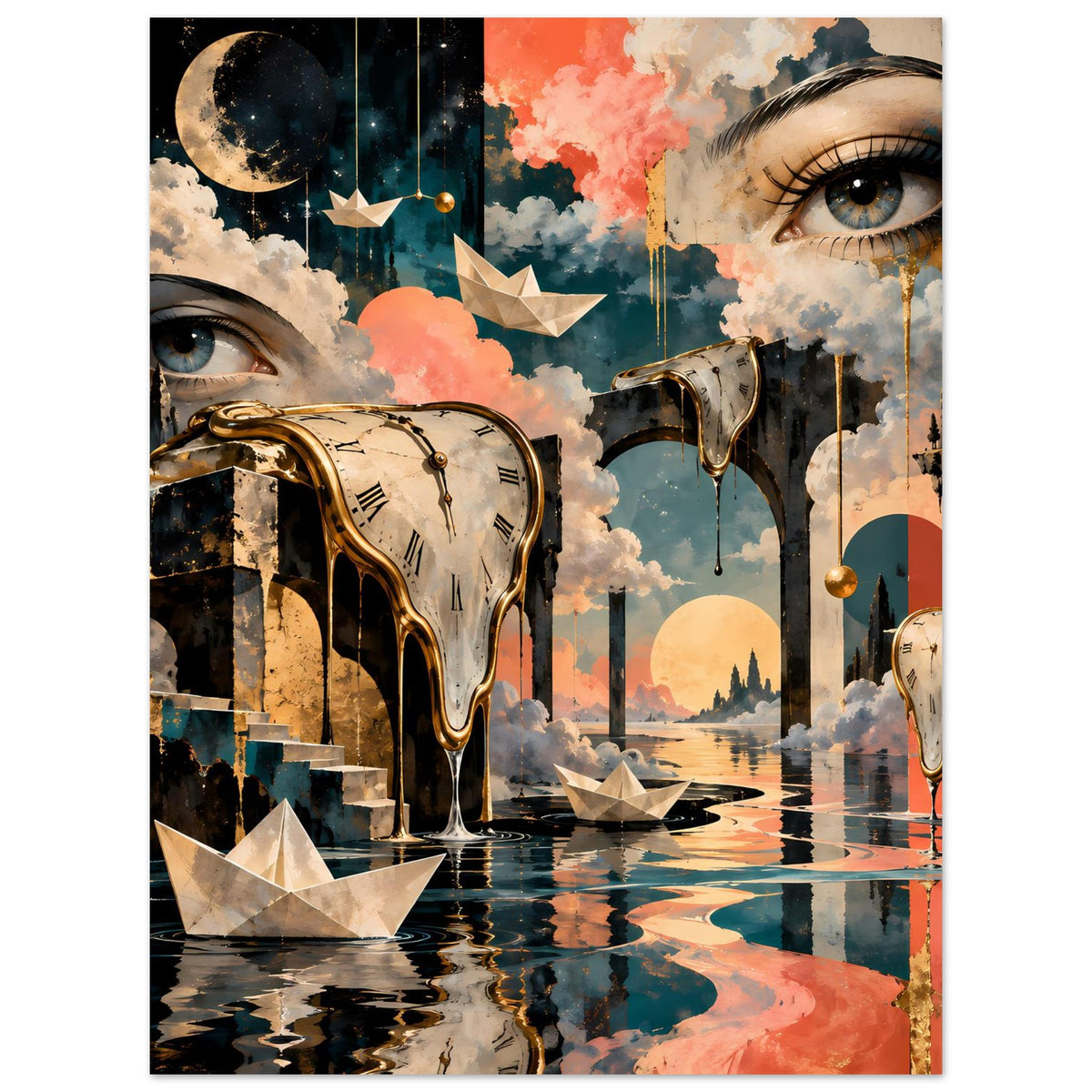 Surreales Kunstposter mit schmelzender Uhr, Frauenauge, Wolkenhimmel und Spiegelung im Wasser