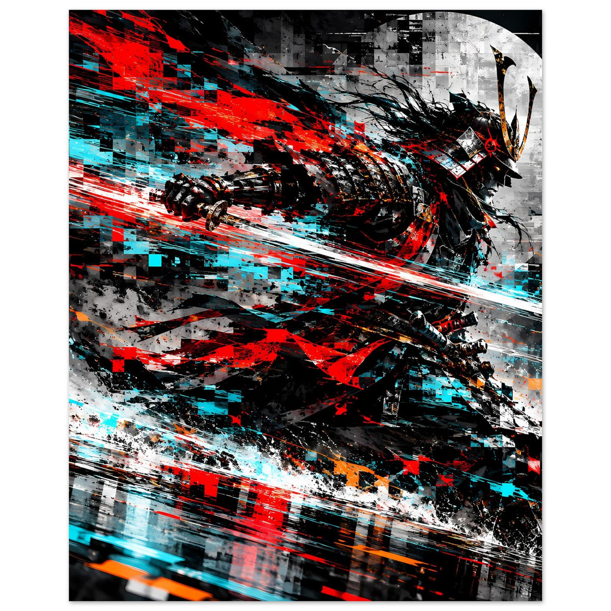 Wandposter mit Samurai-Actionmotiv, kräftige rote und cyanfarbene Linien über schwarzem Hintergrund.