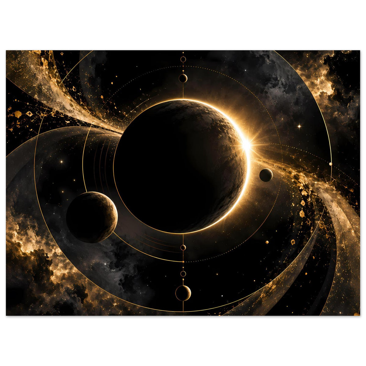 Weltraum-Poster mit schwarzem Planeten, leuchtendem goldenen Ring und Sternen