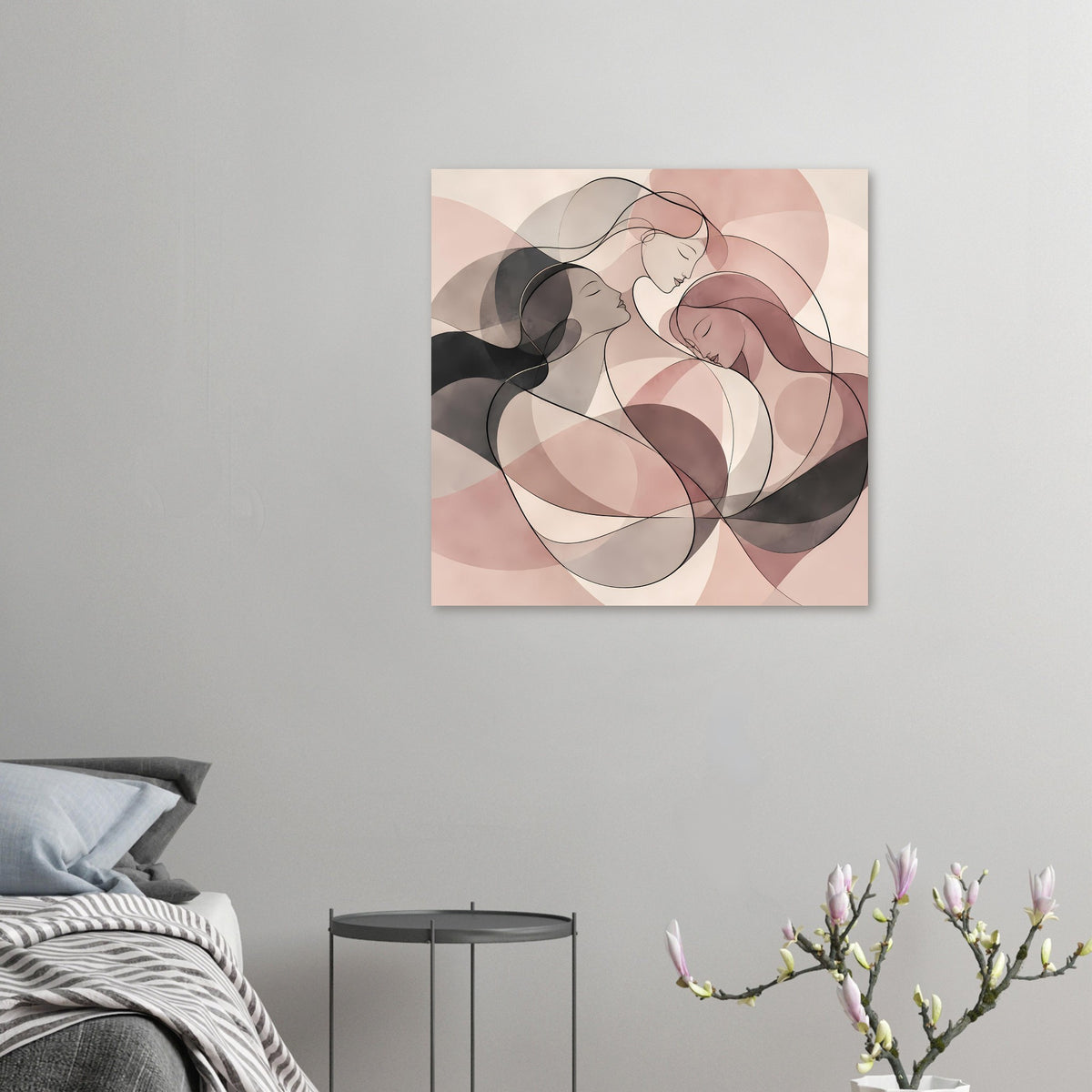 Abstraktes Poster mit drei Frauen in Rosé, Creme und Schwarz