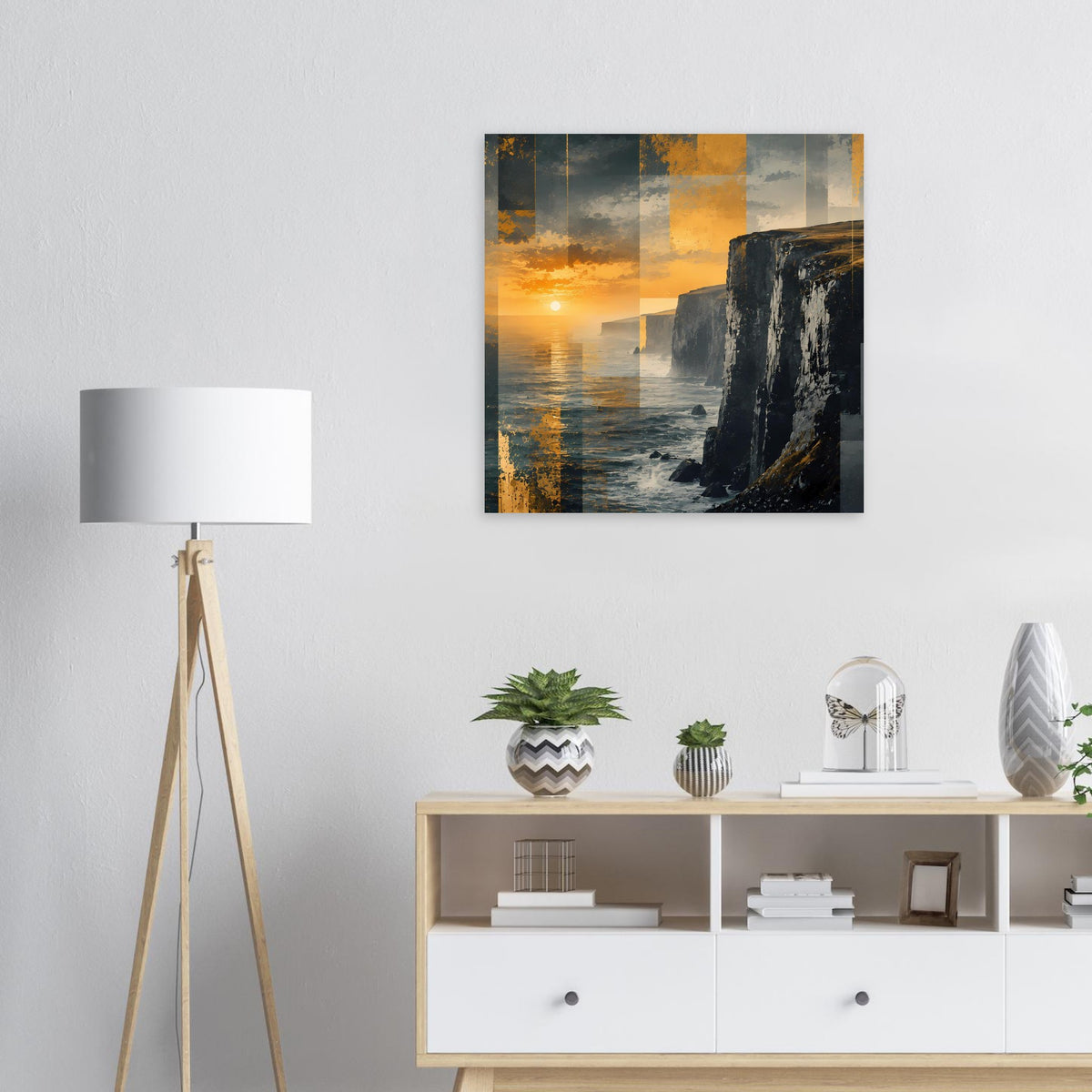 Quadratisches Poster: Sonnenuntergang am Wasser mit Felsenklippe