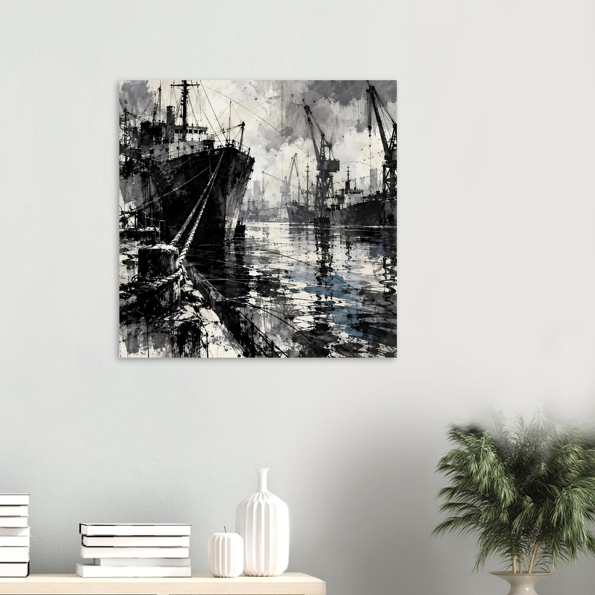 Hafenposter in Schwarz-Weiß über Sideboard: Schiffe, Kräne und spiegelndes Wasser