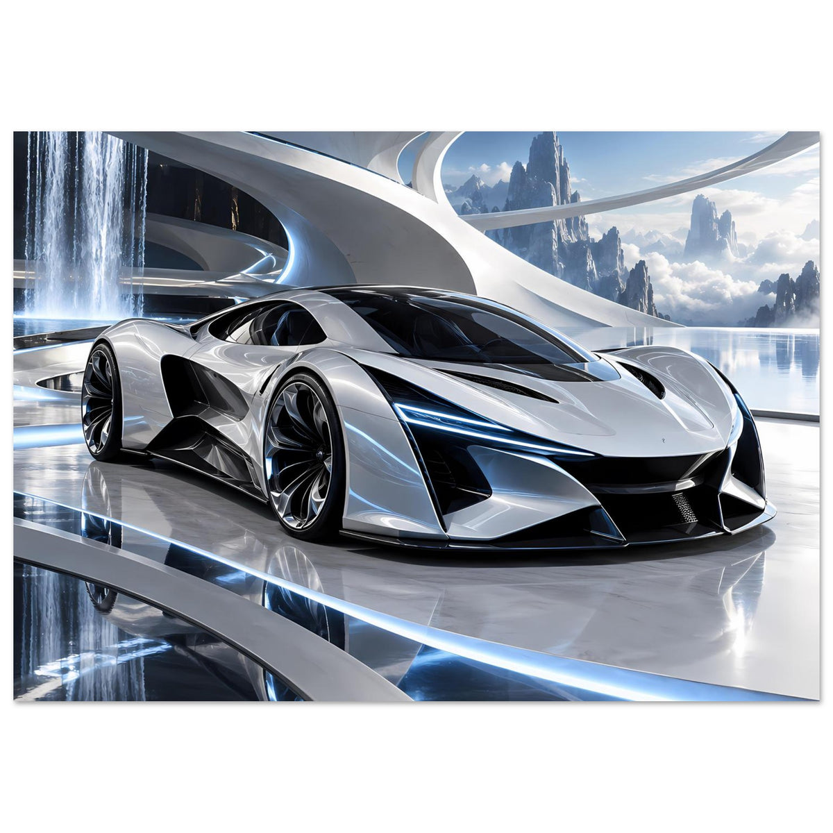 Poster mit silbernem Supersportwagen im futuristischen Stil, schwarz lackierte Front, blaue Akzente