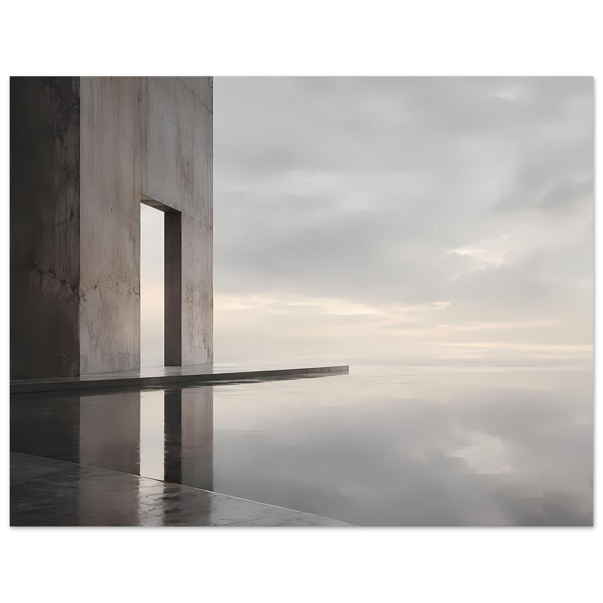 Architektur-Poster: Betonsäule links, grauer Himmel und Spiegelung auf glattem Boden