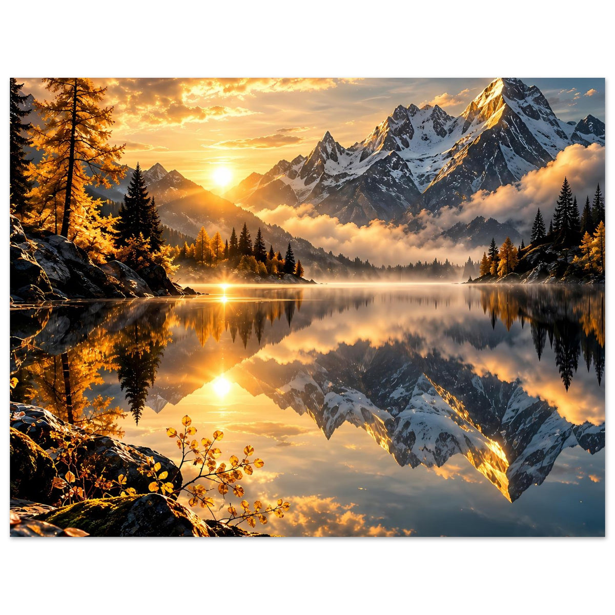 Horizontales Poster: Alpenreflexion im Bergsee, Sonnenstrahlen und Felsufer vorn