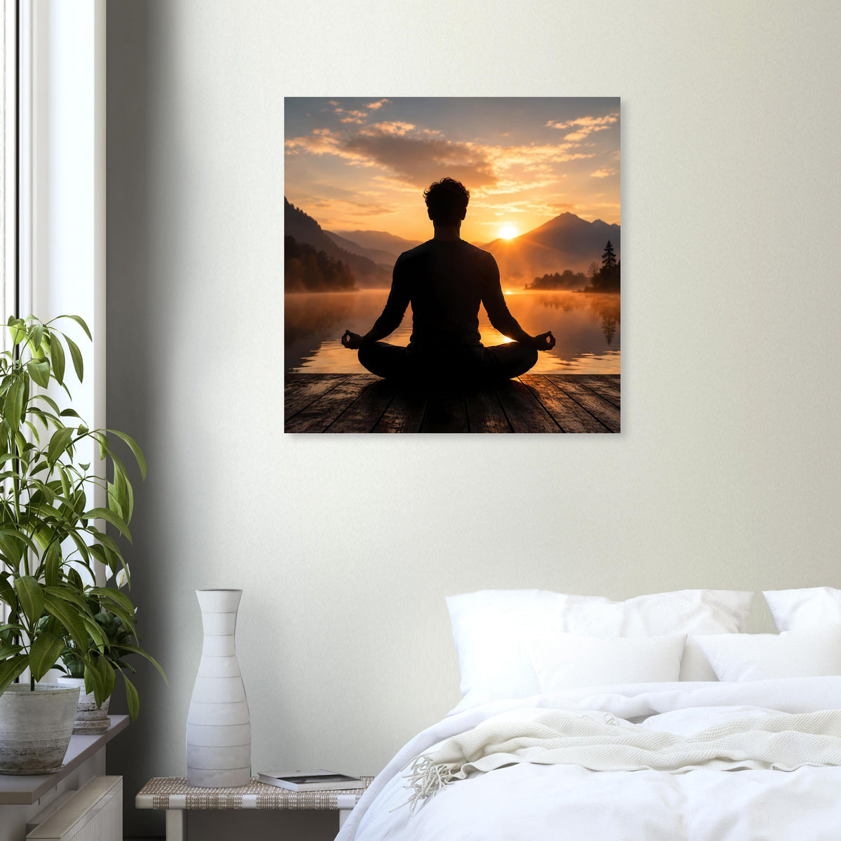 Wandposter mit dunkler Meditationsfigur im Gegenlicht, Sonnenaufgang über Landschaft