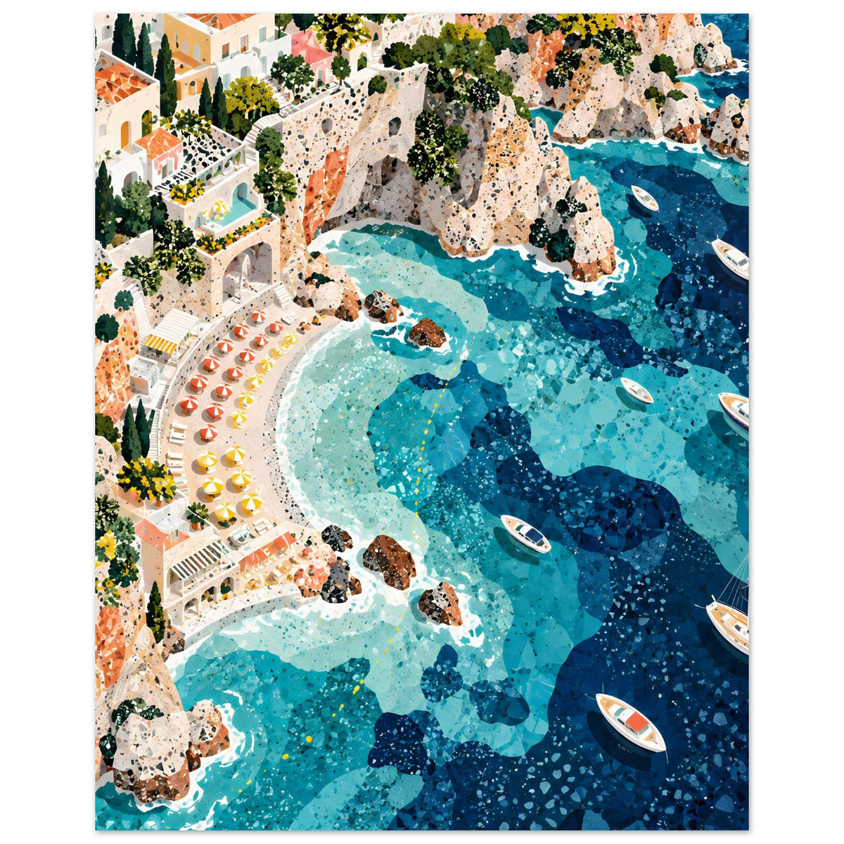 Mediterrane Küstenlandschaft mit Villen, sonnigen Felsklippen und türkisblauem Meer in Mosaikoptik – Posteransicht 32