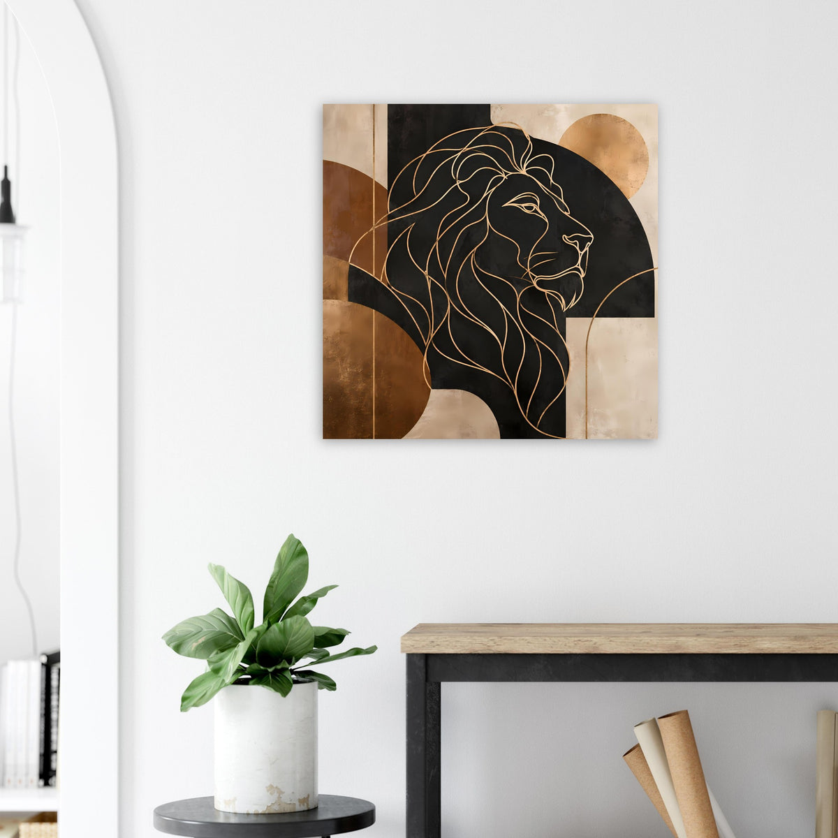 Quadratisches Wandposter mit Löwenprofil-Linienkunst in Gold, Bronze und Schwarz