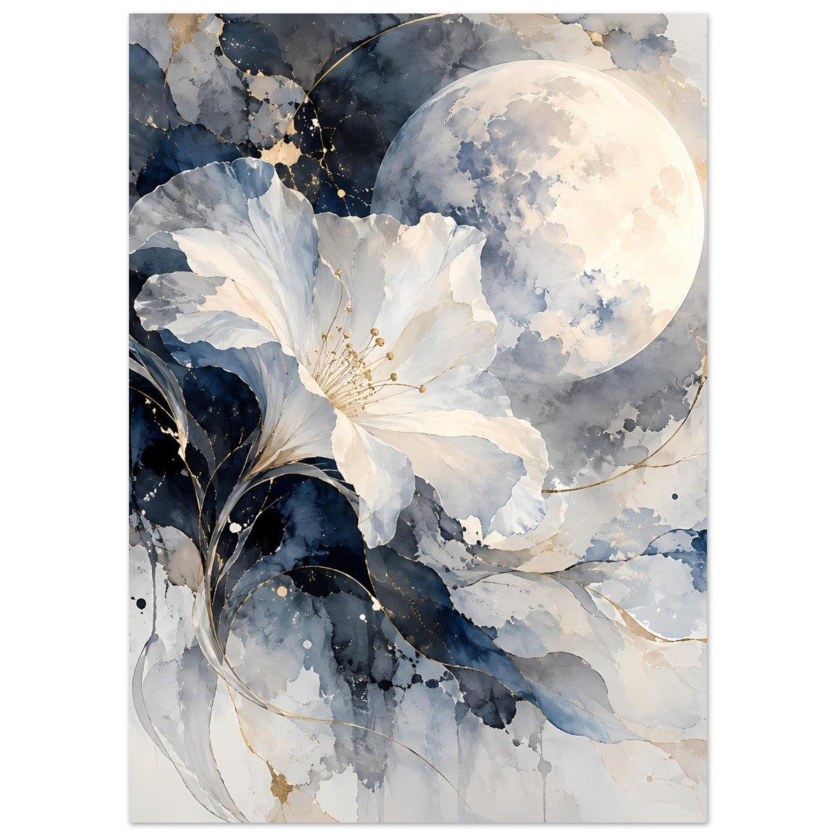 Zartes Poster mit Vollmond und weißer Blüte, Blautöne, goldene Linien und Punkte, rechteckig
