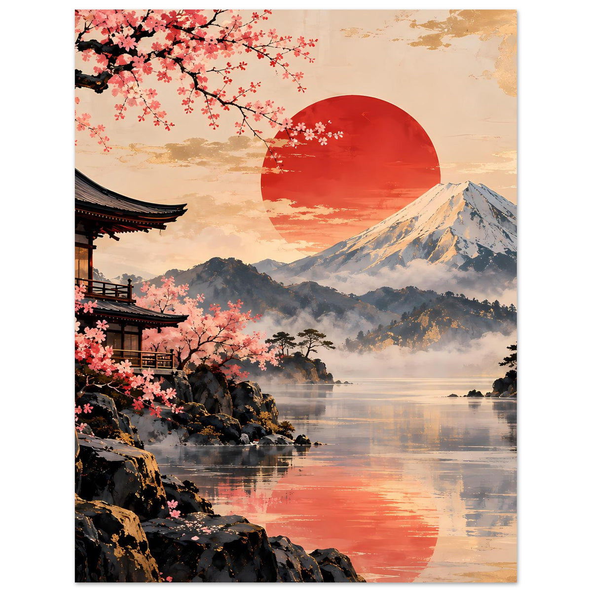 Hochformat-Poster: Kirschblüten, Tempeldach, schneebedeckter Berg und Wasserfläche mit Spiegelung