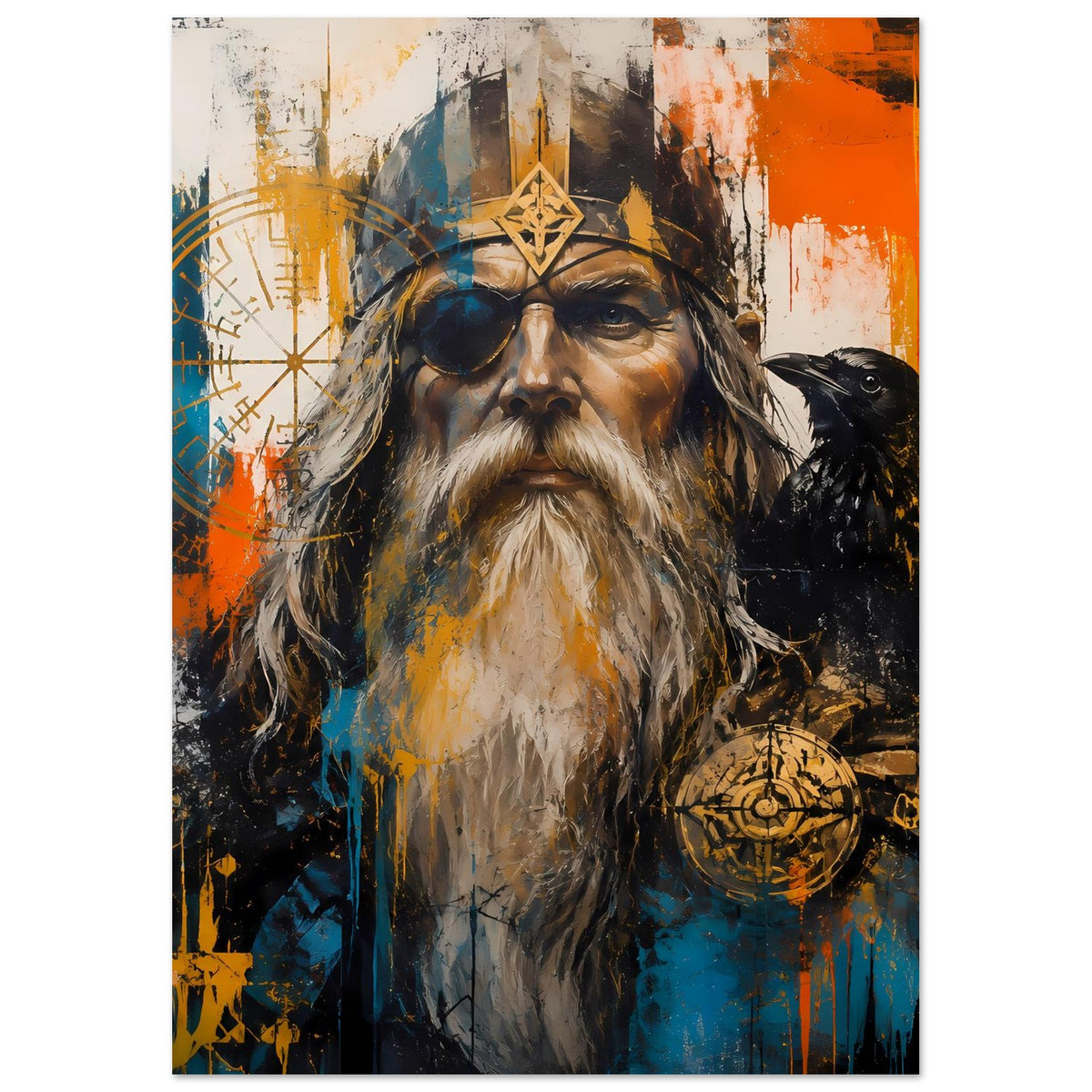 Poster mit nordischem Wikinger: lange Haare, Bart, Augenklappe und Rabe