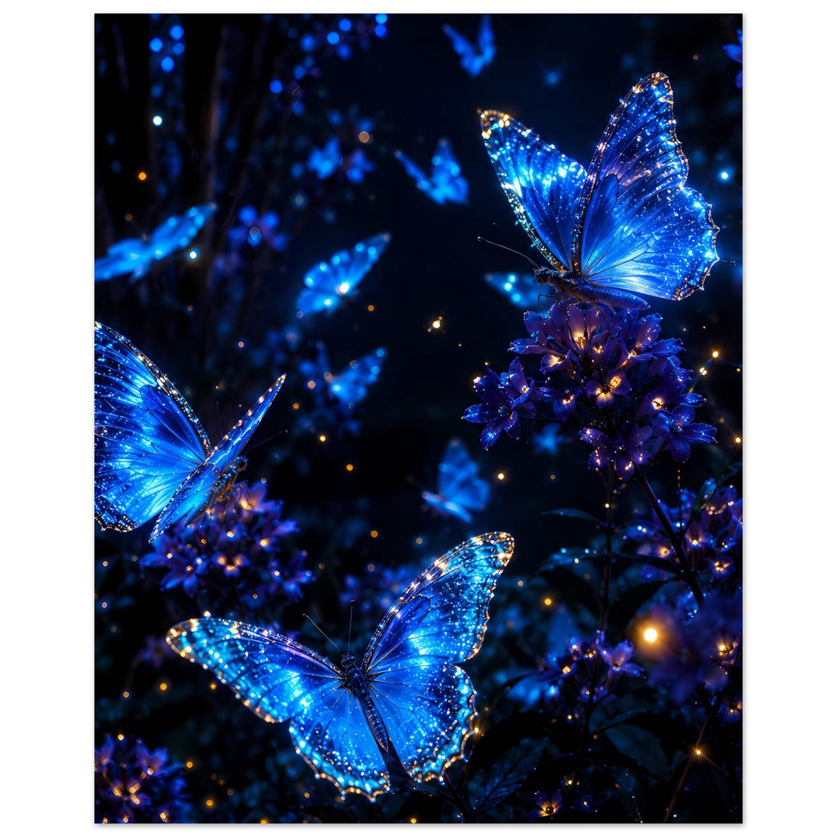 Poster mit blauen Schmetterlingen, violetten Blüten und leuchtenden Punkten im Hintergrund
