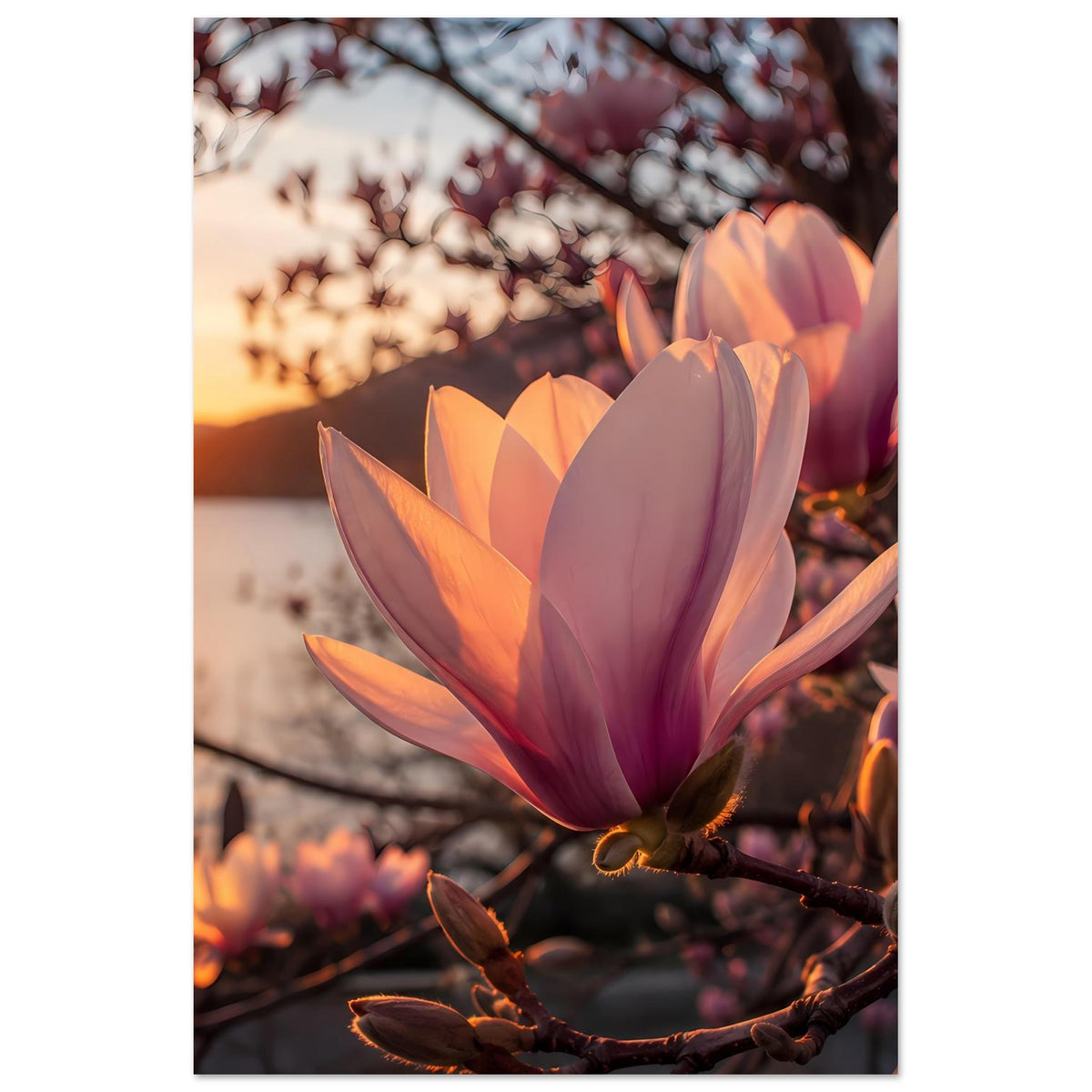Magnolienblüten-Poster, vertikal: lila Blüten und orange Farbakzente am Ast