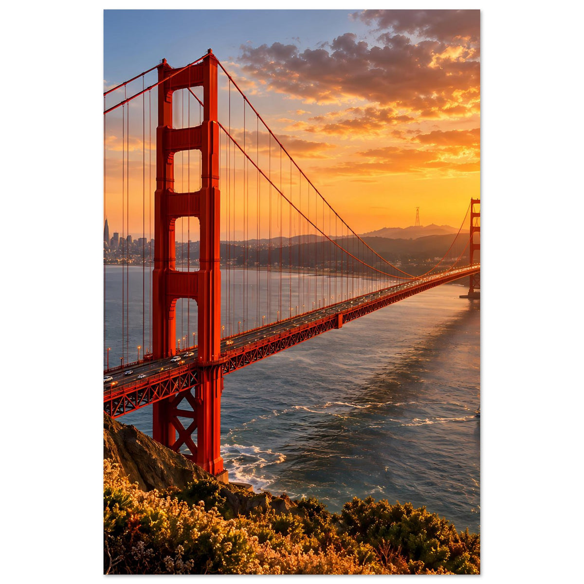 Vertikales Poster einer roten Hängebrücke im Sonnenuntergang, Meer mit Wellen