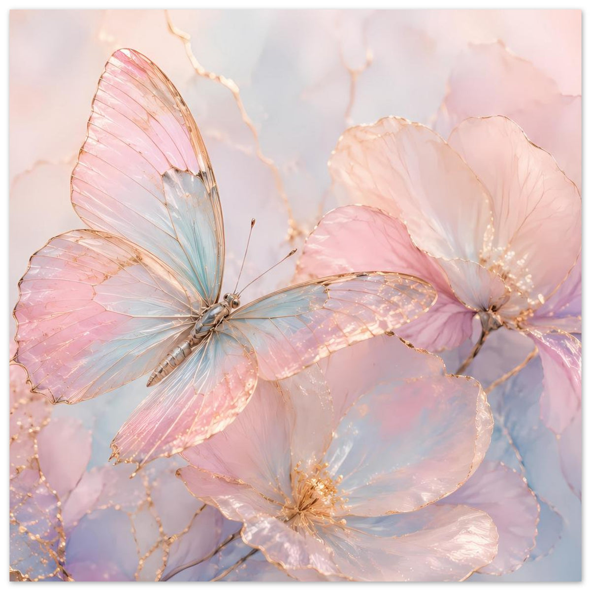 Aquarell-Poster mit Schmetterling und Blüten in Rosé, Blau und Goldakzenten