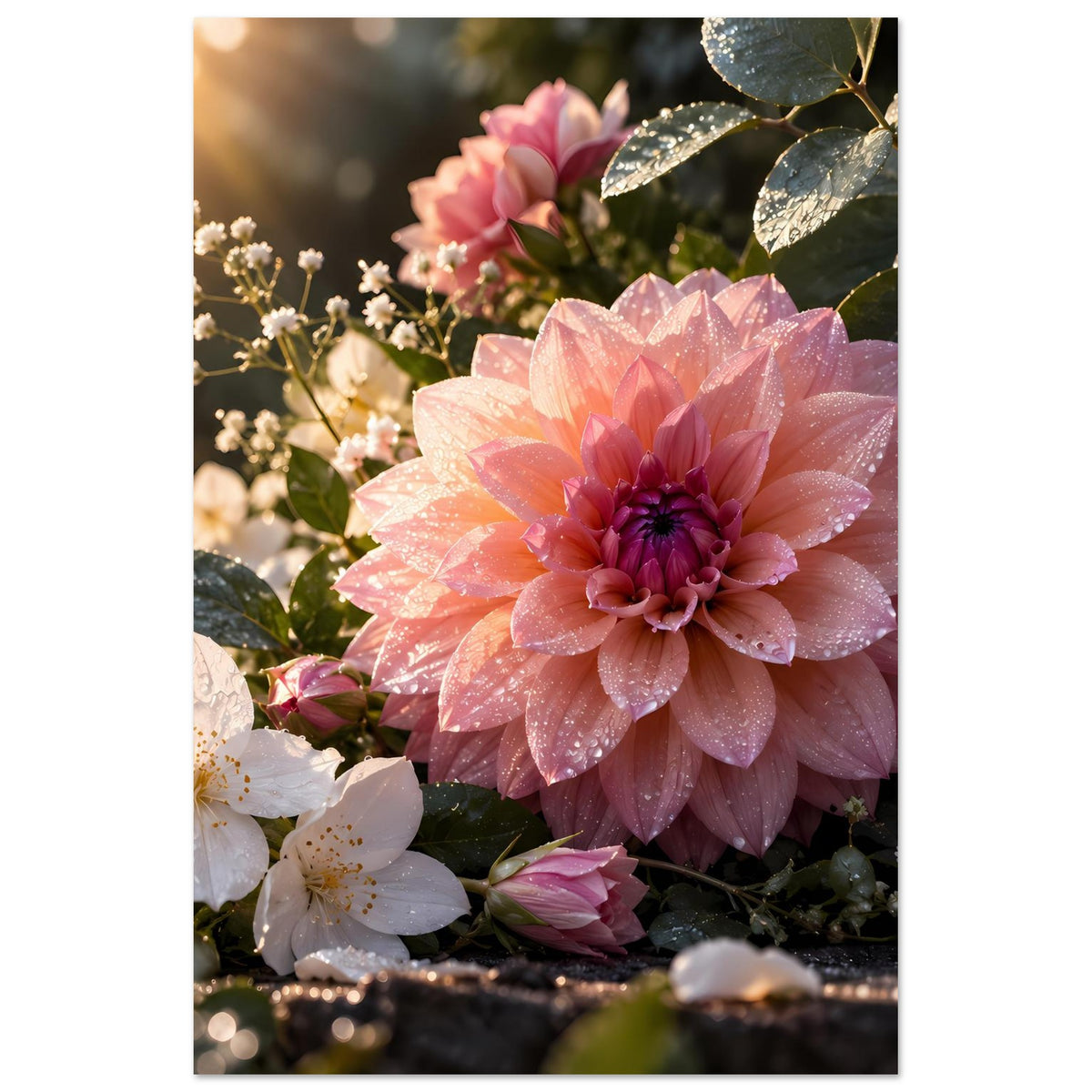 Vertikales Blumenposter mit großer rosa Blüte, weißen Blüten und Blättern mit Tau