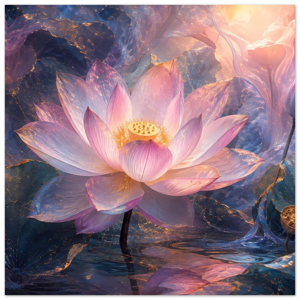 Lotusblüten-Poster: rosa Lotusblüte mit goldenem Zentrum, stilisierte Wasseroberfläche im Hintergrund